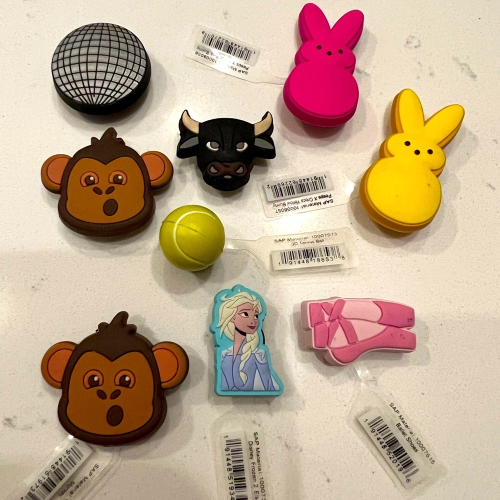 Lot of Jibbitz for Crocs: Elsa Ballet Slippers Pink Yellow Peeps, Monkey, Tennis